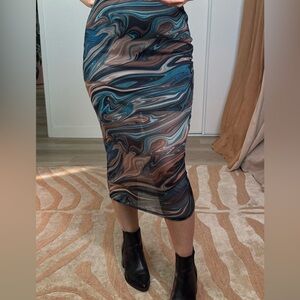 Sheer Mesh Blue and Brown Swirl Skirt Size Small
